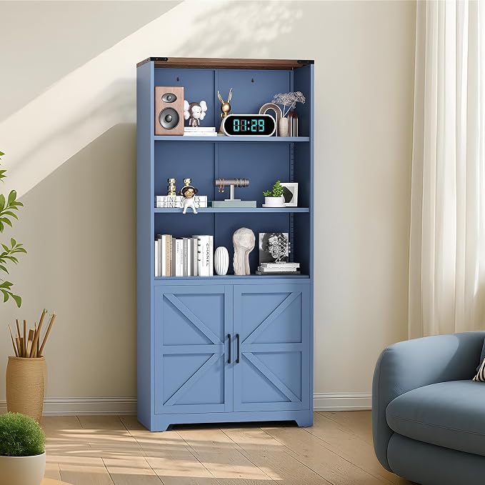 VINGLI Blue Bookcase with Doors and Adjustable Shelves, Steel 70" Tall - Image 8