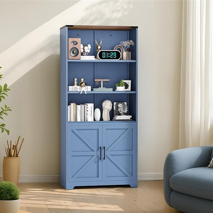 VINGLI Blue Bookcase with Doors and Adjustable Shelves, Steel 70" Tall - Image 8