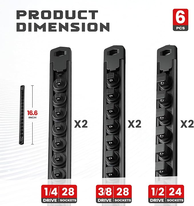ALOANES 6-Piece Magnetic Socket Organizer, Heavy Duty Aluminum Socket Rails - Image 2