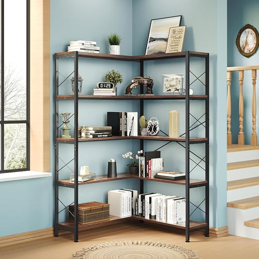 5-Shelf Corner Bookshelf, Vintage Industrial L-Shaped Bookshelf Etagere Bookcase by WildhomeYourHomeFurnishingSolution