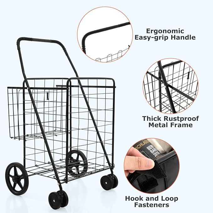 Goplus Folding Shopping Cart for Groceries, Upgraded Jumbo Grocery Cart - Image 6