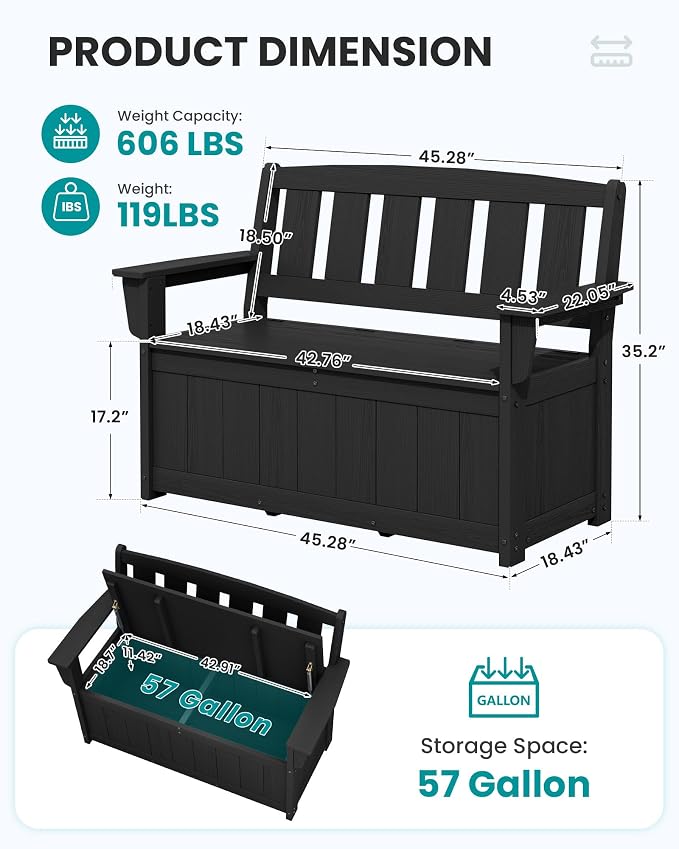 SERWALL HDPE Outdoor Storage Bench, All-Weather Deck Box - Image 3