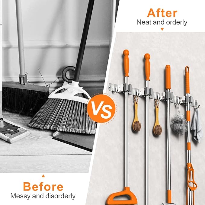 Mop and Broom Holder Wall Mount, Upgraded Broom Organizer Wall Mount, Stainless - Image 2