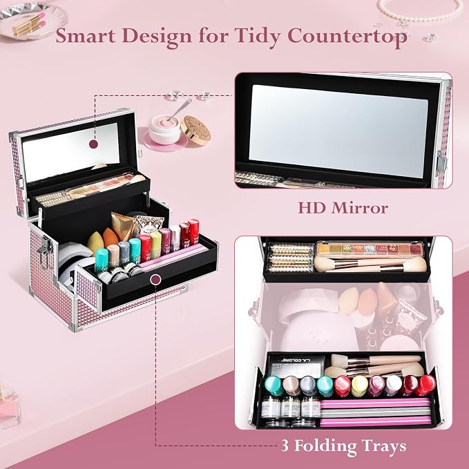 Joligrace Large Makeup Box Organizer, 12 Inch Makeup Train Case - Image 3