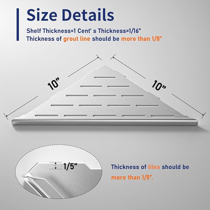 Corner Shower Shelf 10" Brushed 304 Stainless Steel Slot Design Recessed Corner - Image 4