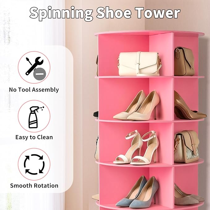 VINGLI Pink Rotating Shoe Rack Tower, 7 Tier 360°Shoe Storage - Image 4