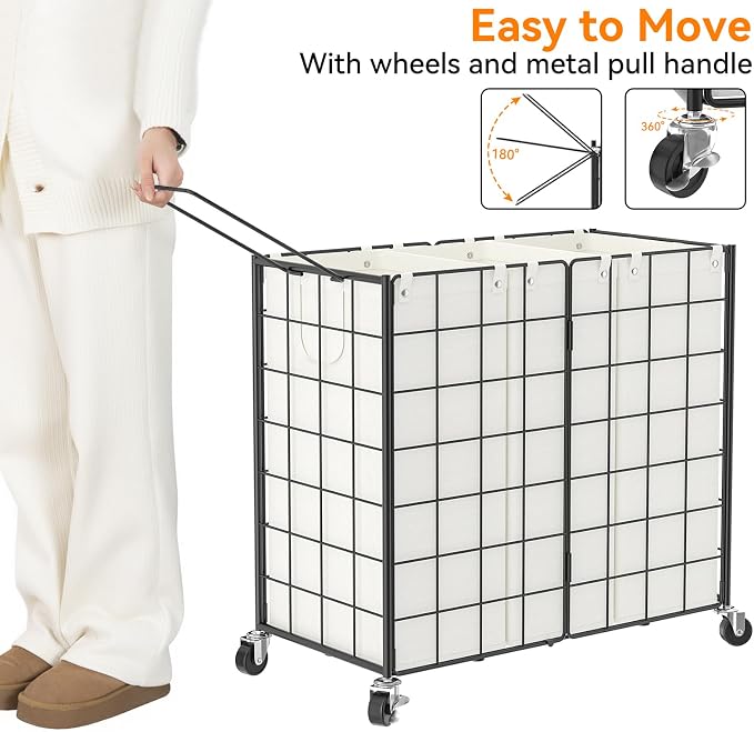WOWLIVE Laundry Hamper with Wheels, Metal Wire Frame Rolling Laundry Basket 3 - Image 5
