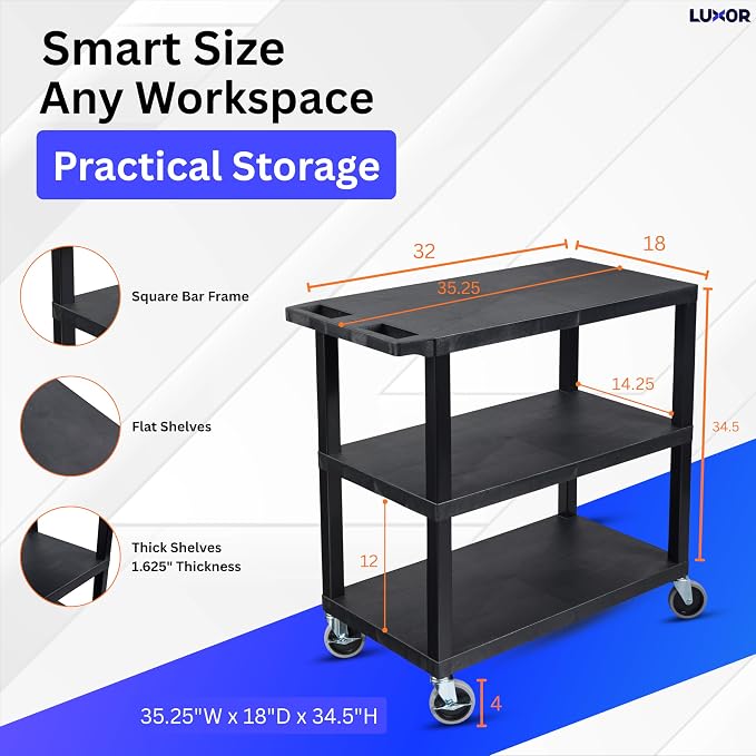 Luxor EC222-B Multipurpose Utility Cart, 1.62" Thick Flat Shelves, Ergonomic - Image 2