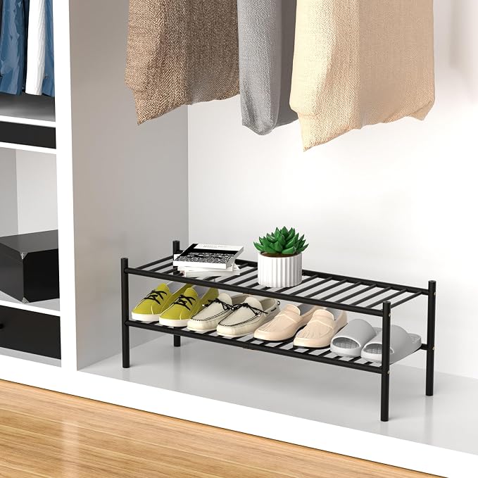2-Tier Bamboo Long Shoe Rack, Free Standing Wood Shoe Shelf Storage Organizer - Image 4