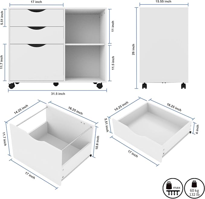 QDSSDECO 3-Drawer with Shelf Wood File Cabinet Mobile Lateral Filing Cabinet - Image 3