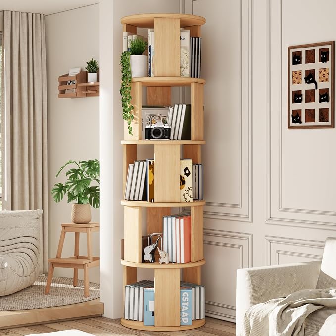 5 Tier Rotating Bookshelf Tower, 360° Display Round Bookcase, Floor Standing by Unknown