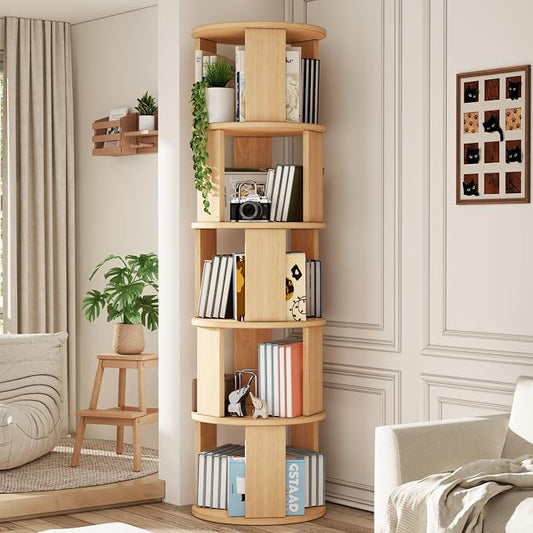 5 Tier Rotating Bookshelf Tower, 360° Display Round Bookcase, Floor Standing by Unknown