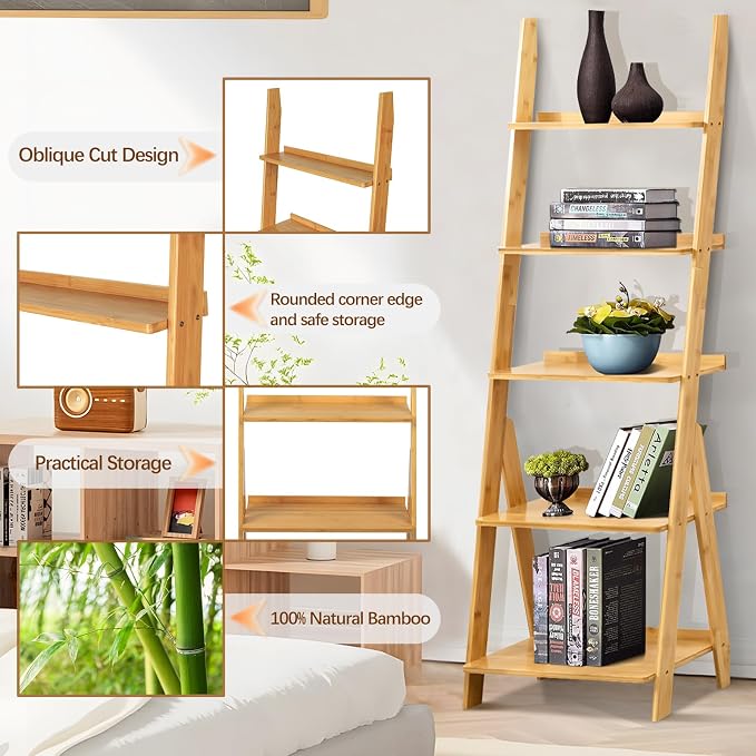 DOUSY- 5-Tier Bamboo Ladder Shelf Ladder Bookshelf Plant & Flower Stand Bookcase - Image 3