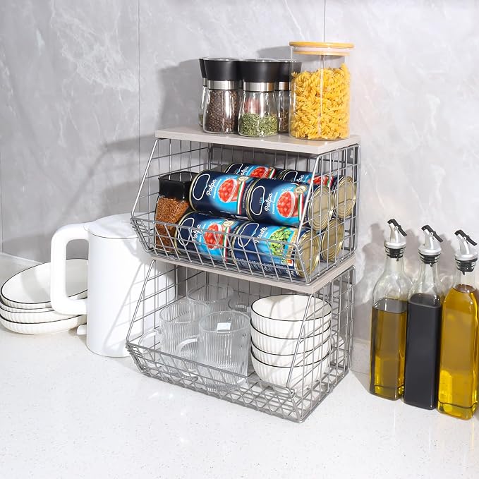 2pcs Silver Fruit Basket, Stackable Wall Mounted Pantry Organizers and Storage - Image 3