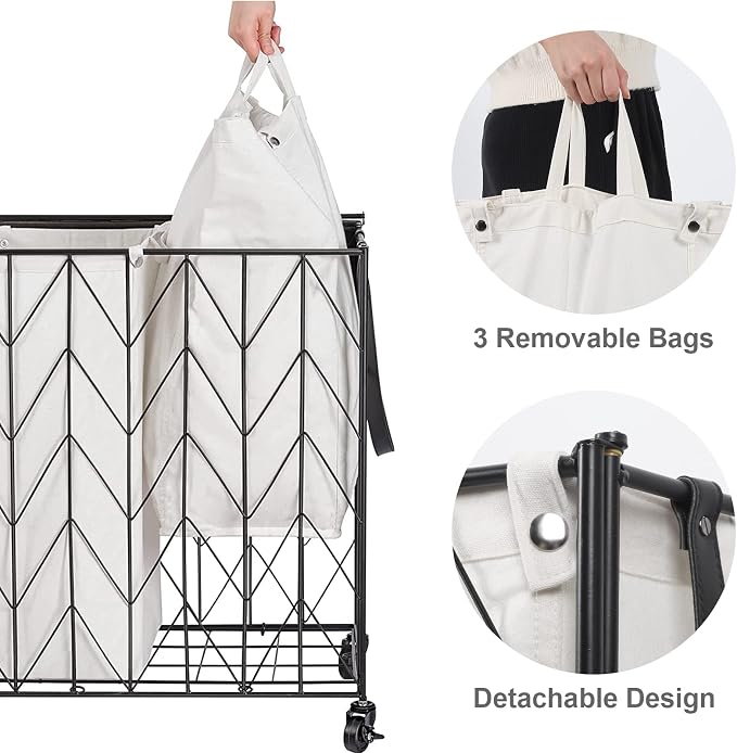 WOWLIVE Laundry Basket with Wheels, 142L Laundry Hamper 3 Section with Lid - Image 5