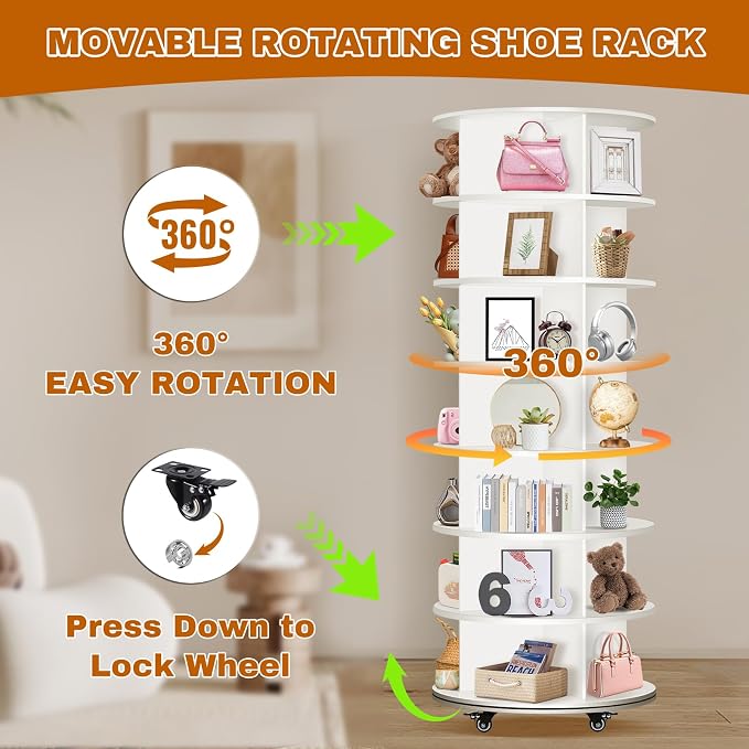 7 Tier Rotating Shoe Rack with 4 Universal Wheels, 360° Revolving Free Standing - Image 3