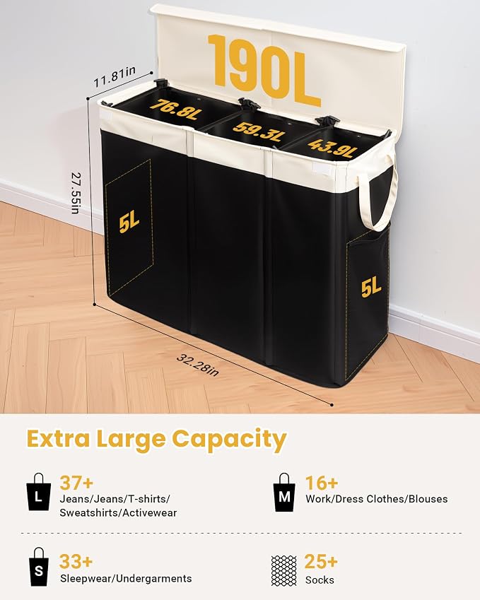 190L Laundry Hamper with Lid, Large Laundry Basket with Lid and 3 Section - Image 5