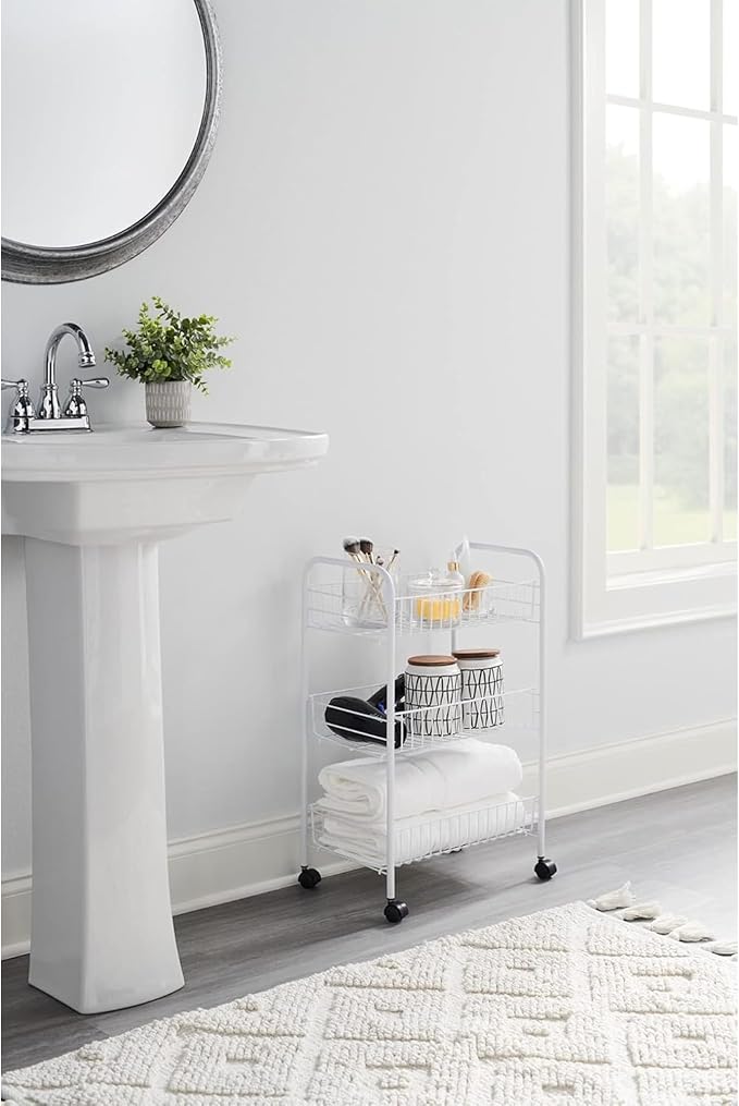 Rubbermaid 3-Tier Shelving Wheeled Organizer, Wire Adjustable Metal Storage Cart - Image 4