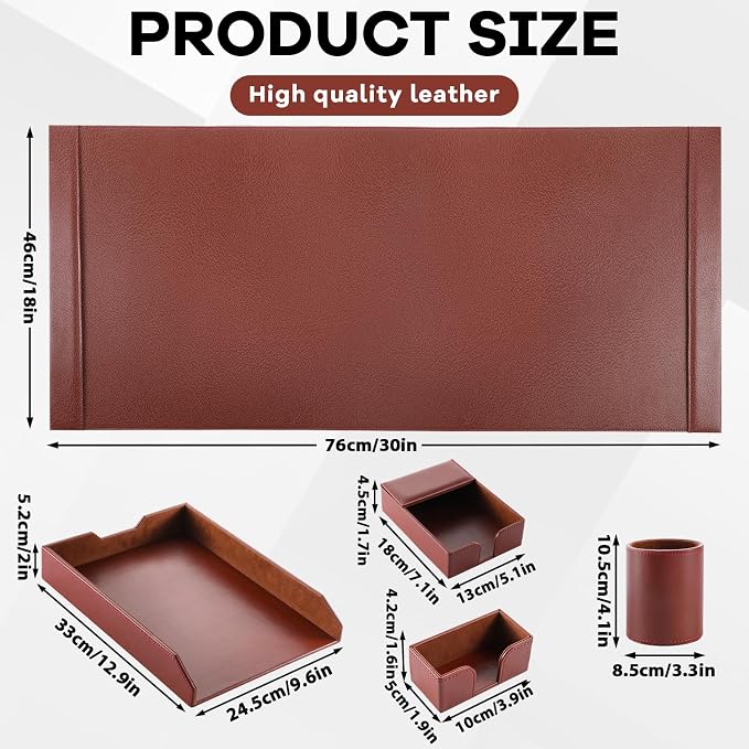 5 Pcs Bonded Leather Desk Organizer Accessories Set 30 x 18 Inch Leather Desk - Image 2
