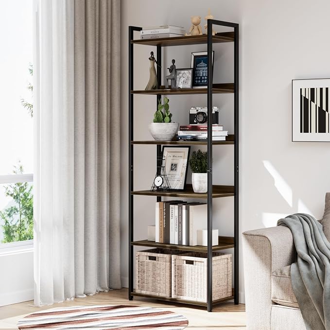 NUMENN Bookshelf, 6 Tier Freestanding Shelving Unit, Dark Walnut | Metal Frame - Image 2