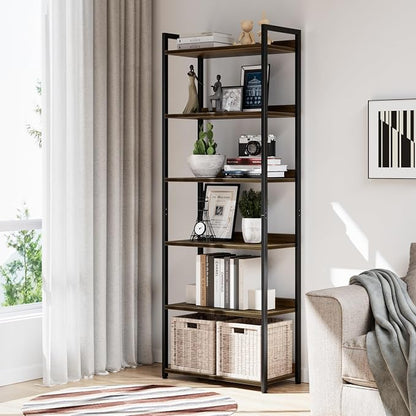NUMENN Bookshelf, 6 Tier Freestanding Shelving Unit, Dark Walnut | Metal Frame - Image 2