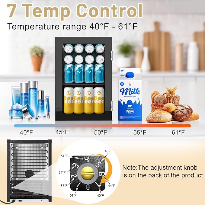 7-Temperature Control 24 Can Mini Fridge, 0.9 Cu.Ft Compact Beverage Cooler - Image 3