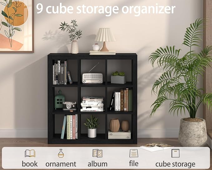 Bookshelf with Storage Bins, 9-Cube Storage Organizer Sturdy Wooden Bookcase - Image 6