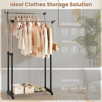 COSTWAY Double Rod Clothing Rack, Rolling Garment Rack - Image 2