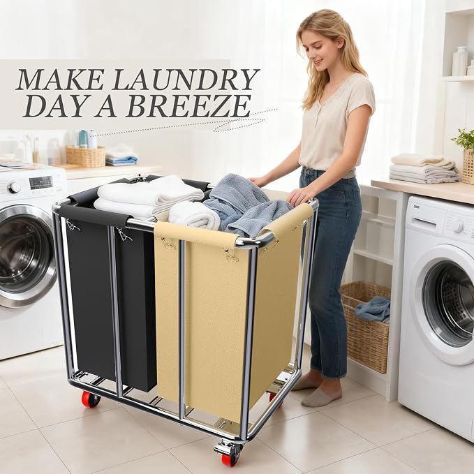 Commercial Laundry Cart with Wheels, 400L 2-Section Large Lanudry Hamper with - Image 9