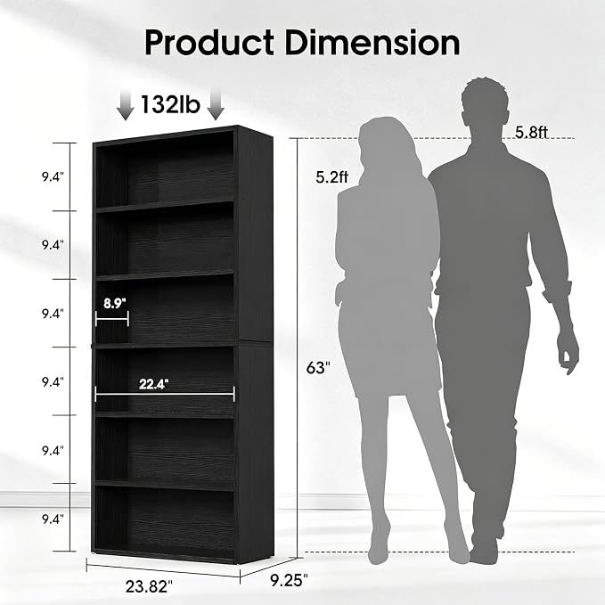 HealSmart 6 Tier Bookcase, Industrial 6 Book Shelf, 9.2" D x 23.8" W x 63" H - Image 3