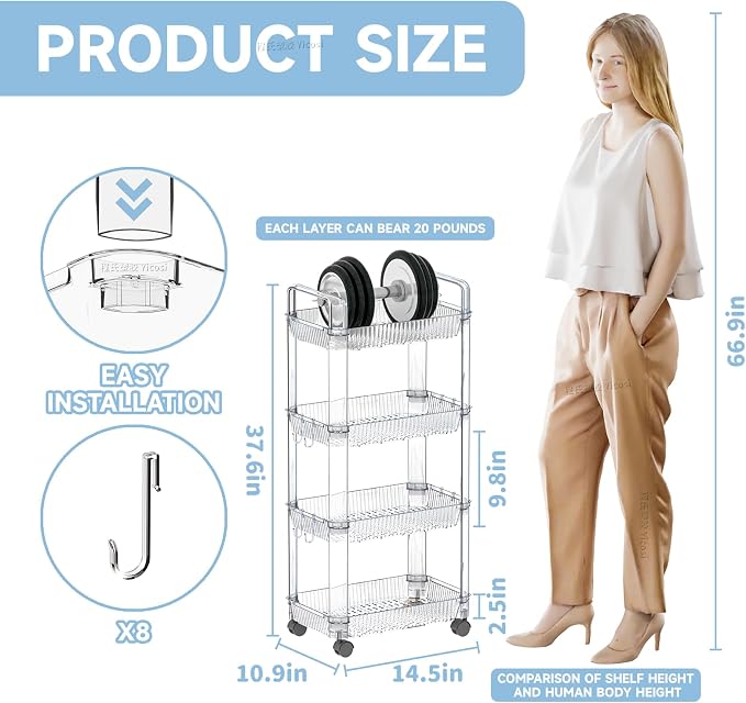 Clear 4 Tier Rolling Utility Cart - Image 2