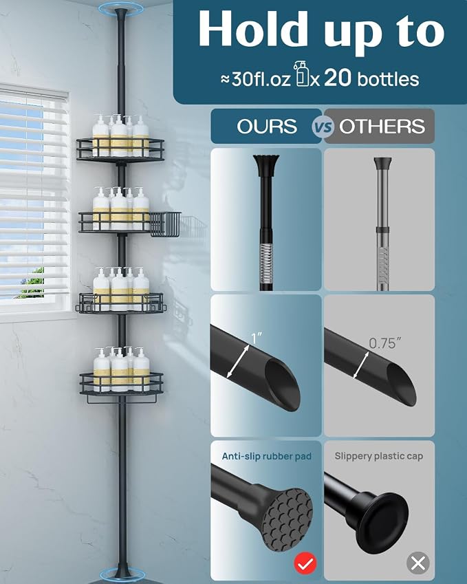 SEIRIONE Corner Shower Caddy Tension Pole, Quick Setup, Rust-Free Bathroom - Image 5
