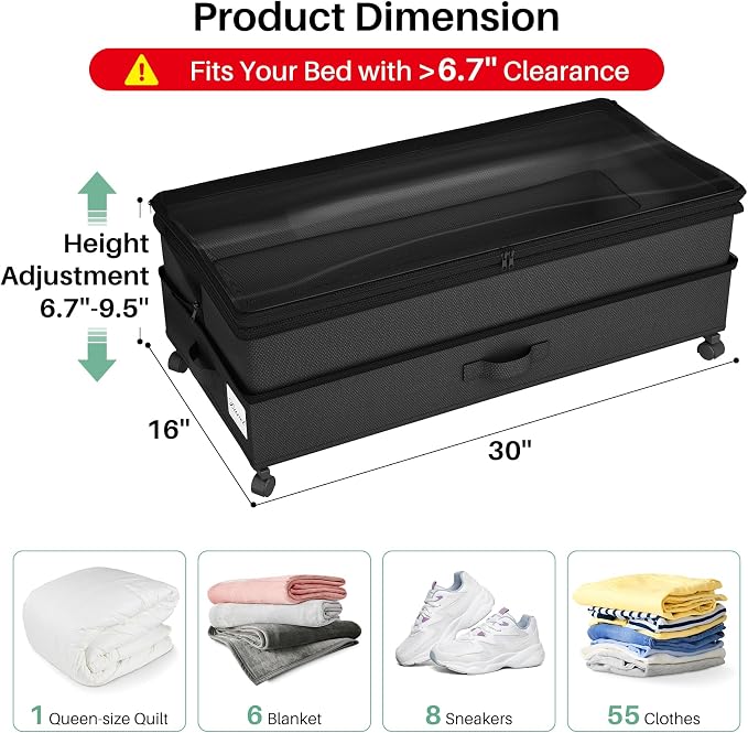 Kitstorack 2Pack Height-adjustable Under Bed Storage - Image 2