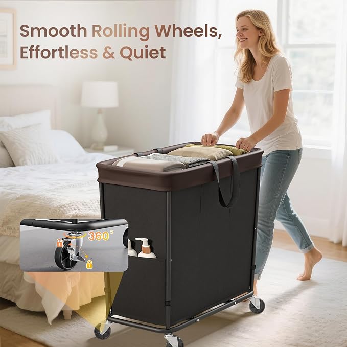 320L Laundry Basket with Wheels, 3-Section Rolling Hamper - Image 3