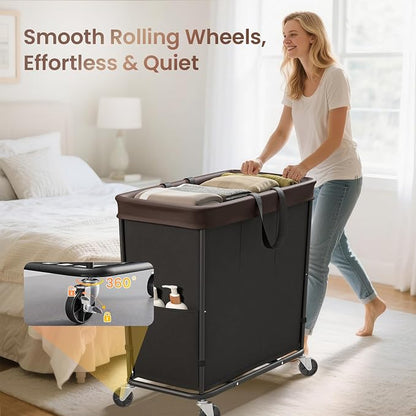 320L Laundry Basket with Wheels, 3-Section Rolling Hamper - Image 3