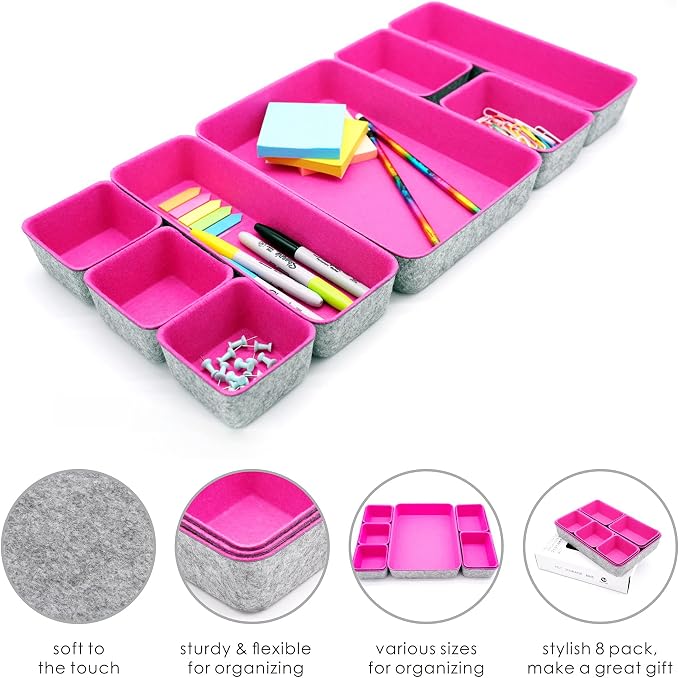 Welaxy Hot Pink Drawer Organizers 8pc Desk Tray Makeup Office Storage Bin - Image 4