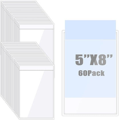 60 Pack Clear Adhesive Pockets 5 x 8 Index Card Pockets | Storage Bin Label Top by Ysglory