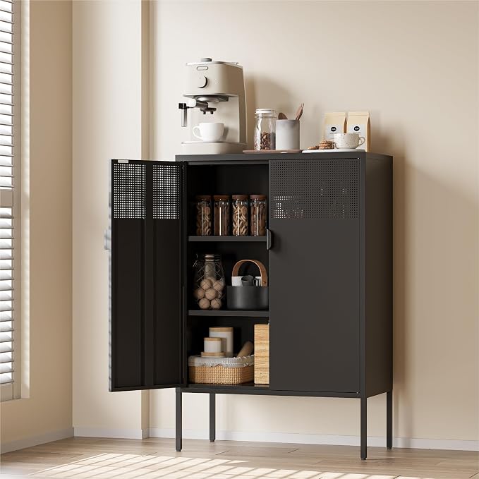 COFaR Black Metal Cabinet with Adjustable Shelves, 47”H Industrial Buffet by COFAR
