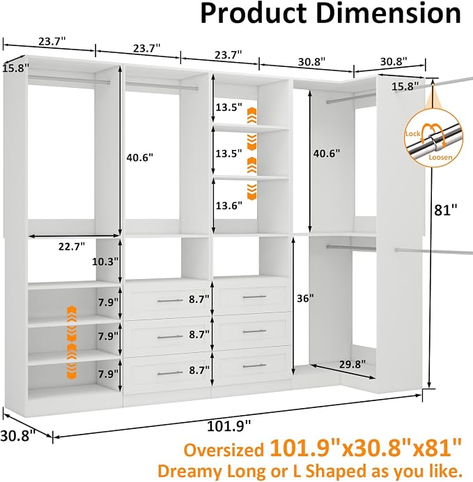 Vomavex Closet System with 4 sets, 101.9" Closet Organizer Systems with 6 - Image 3