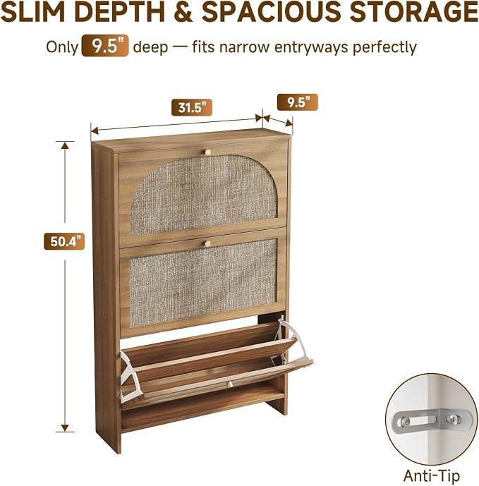 Nicetree Shoe Storage Cabinet for Entryway, Slim Arched Rattan Accent Shoe - Image 2