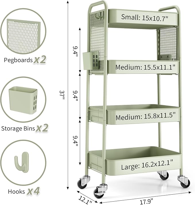 TOOLF 4 Tier Rolling Cart with Pegboard, Metal Storage Organizer Cart with - Image 8