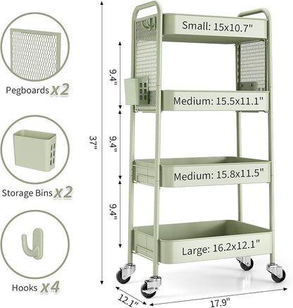 TOOLF 4 Tier Rolling Cart with Pegboard, Metal Storage Organizer Cart with - Image 8