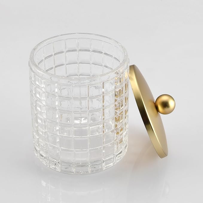 Clear Tranparent Apothecary Etched Geometric Grid Glass Jar W/Gold Metal Lid - Image 3