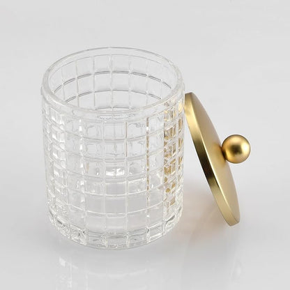 Clear Tranparent Apothecary Etched Geometric Grid Glass Jar W/Gold Metal Lid - Image 3