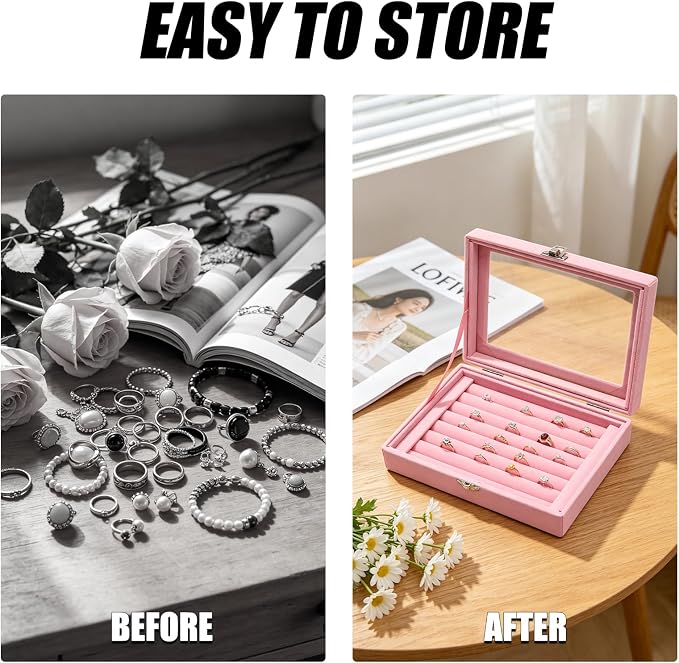 Small Velvet Jewelry Tray with Clear Lid, 8 Rolls Pink | Lockable Ring Earring - Image 5