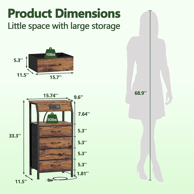 Furnulem Night Stand with Charging Station, 4 Drawers Tall Bedside Table | - Image 3