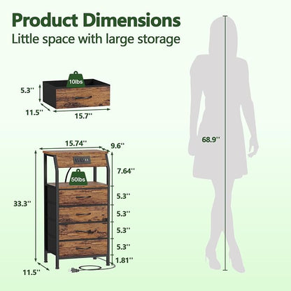 Furnulem Night Stand with Charging Station, 4 Drawers Tall Bedside Table | - Image 3