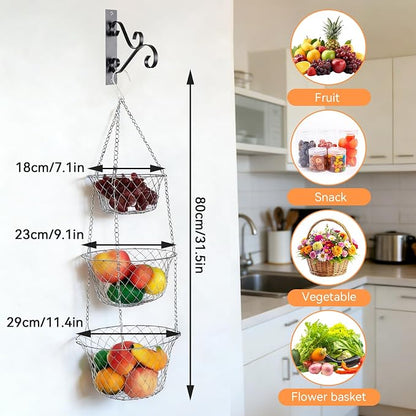 3‑tier Hanging Basket, Hanging Fruit and Vegetable Basket, Heavy Duty Wire - Image 3