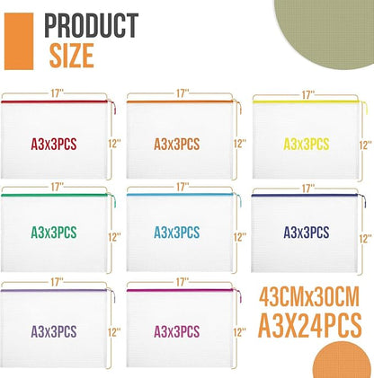 24pcs Mesh Zipper Pouch File Bags Puzzle Storage Bags, A3 17x12 Inches Large - Image 3