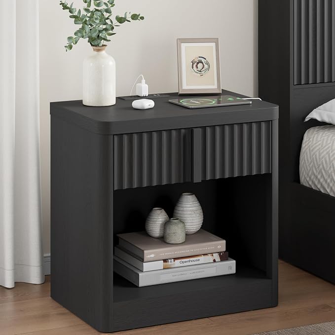 Fluted Nightstand with Charging Station, 23.6" End Table with Solid Wood Handle by Harpaq